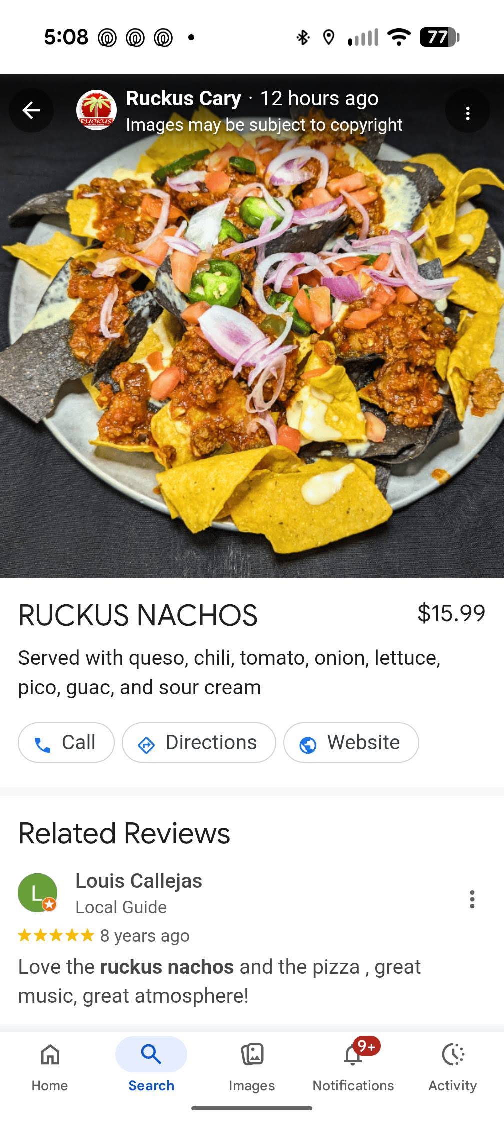 Individual dish appearing on Google with photo, price, description and action buttons