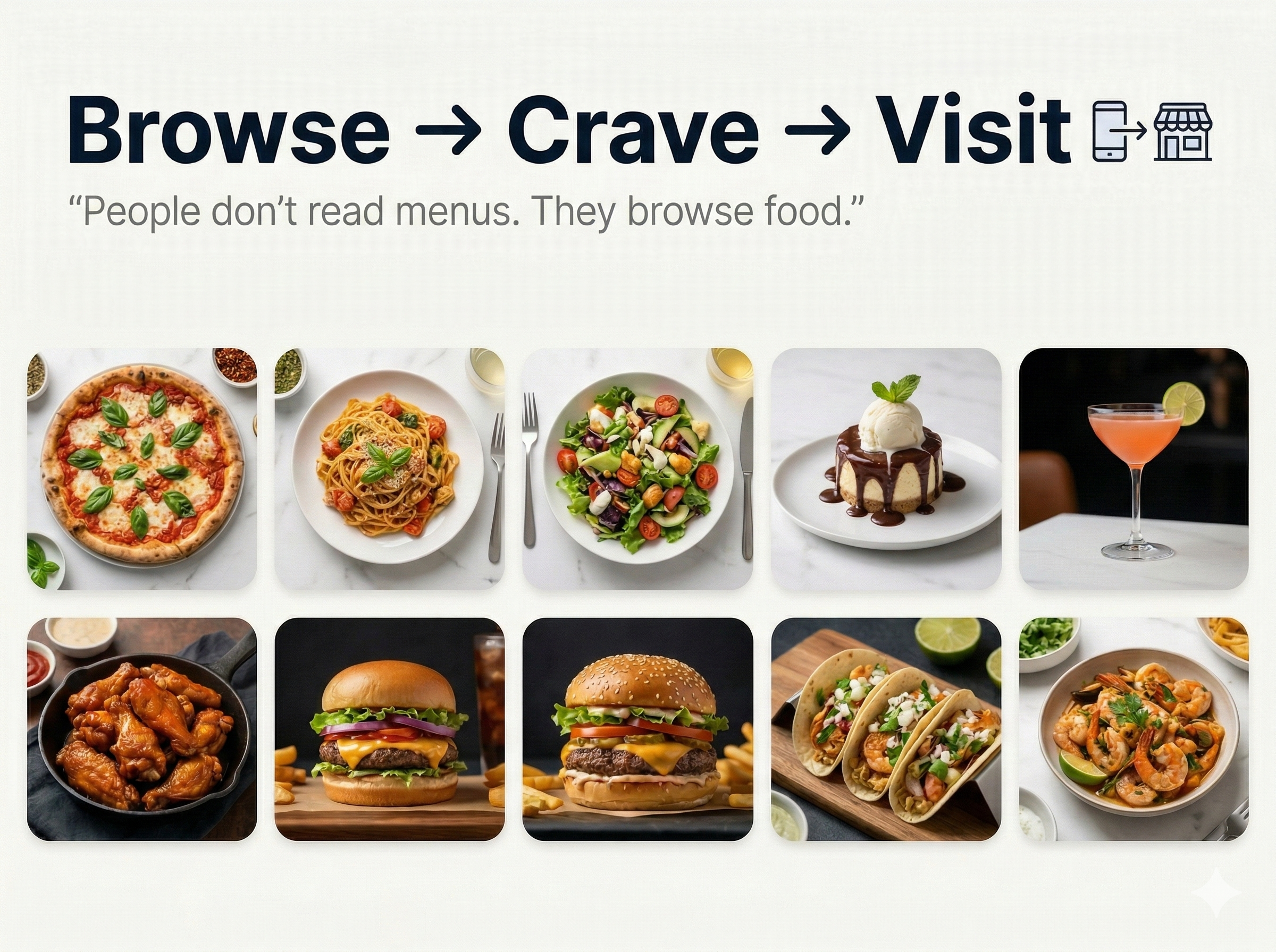 Browse, Crave, Visit — people don't read menus, they browse food — with appetizing dish photos
