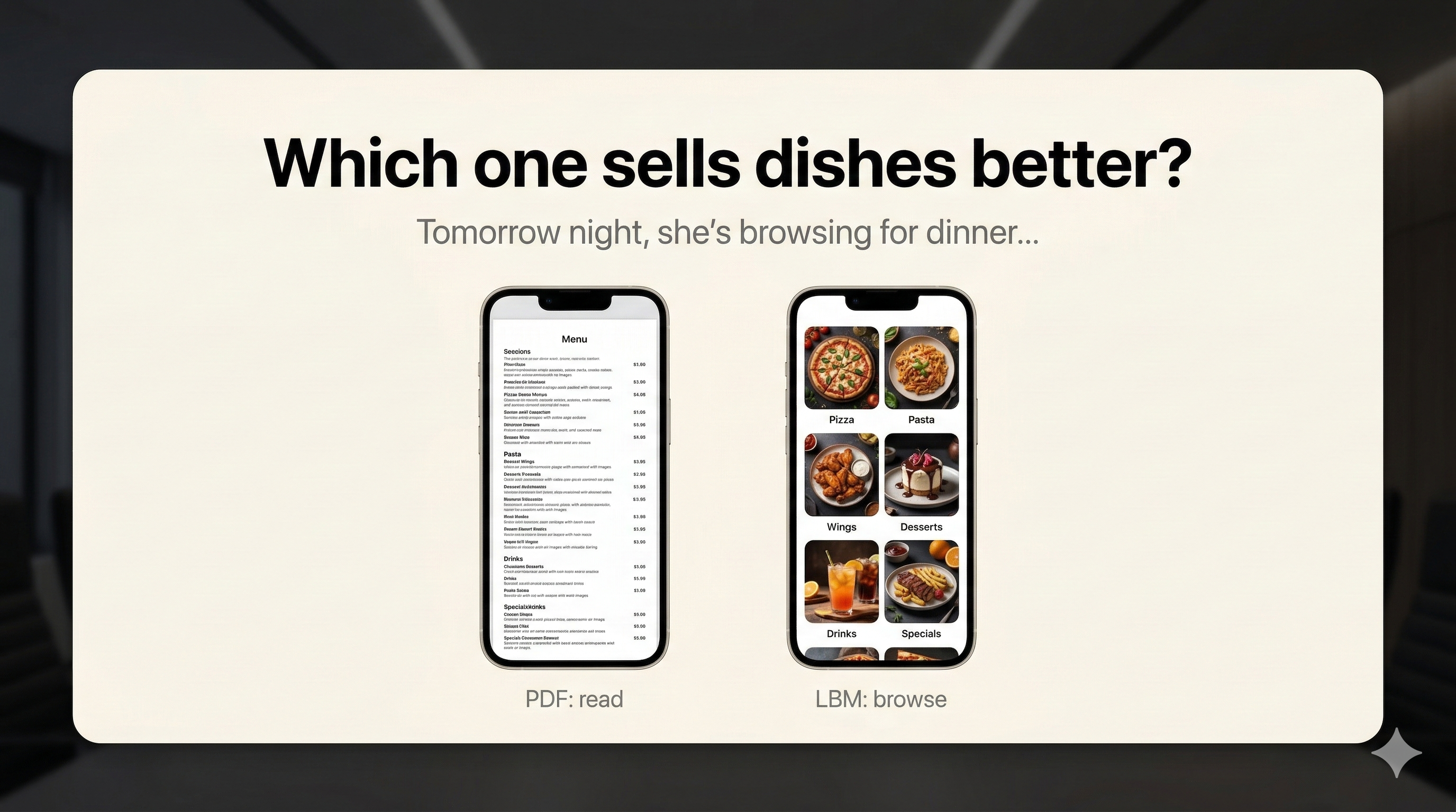 Which one sells dishes better? PDF: read vs LBM: browse — side by side phone comparison