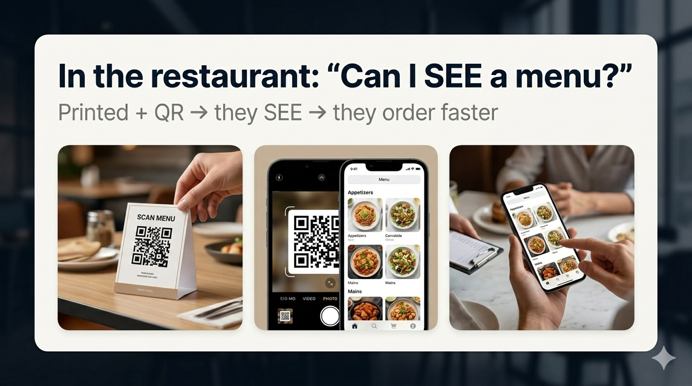 In the restaurant: Can I SEE a menu? Printed plus QR — they see, they order faster